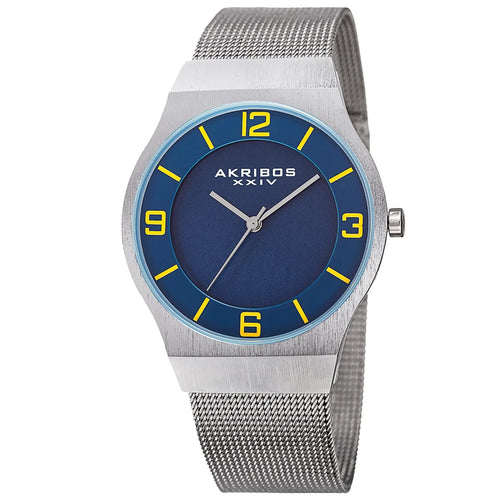 Akribos XXIV Silver Tone Case on Silver Bracelet, Blue Dial with Silver Tone Hands