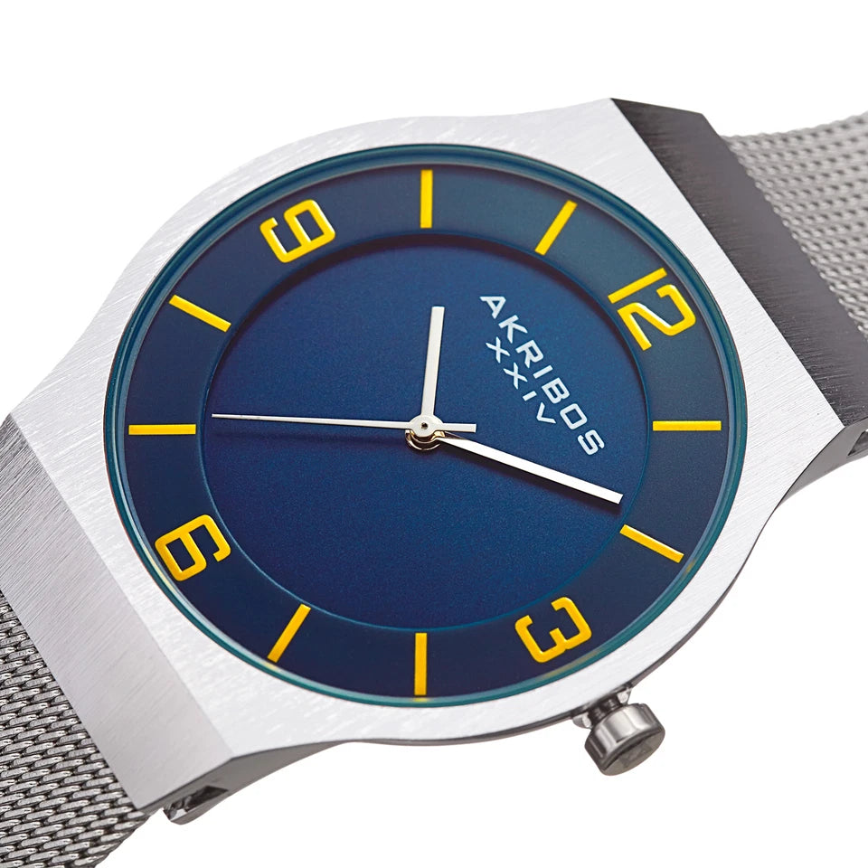 Akribos XXIV Silver Tone Case on Silver Bracelet, Blue Dial with Silver Tone Hands