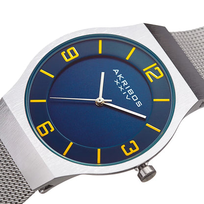 Akribos XXIV Silver Tone Case on Silver Bracelet, Blue Dial with Silver Tone Hands