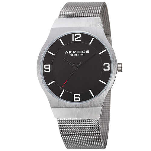 Akribos XXIV Silver tone Case on Silver Bracelet, Black Dial with Black Hands