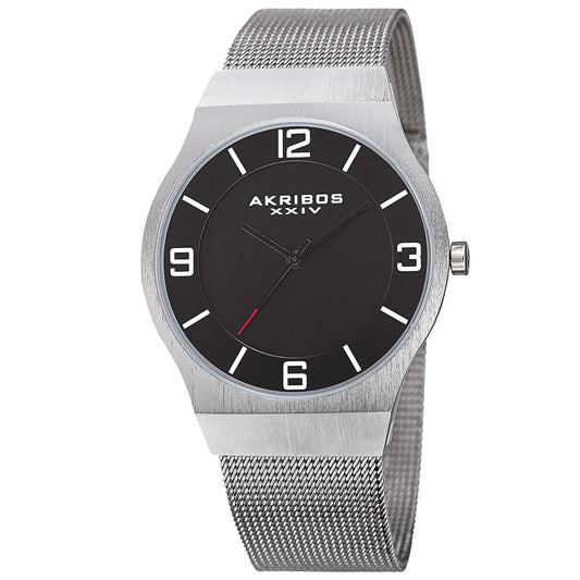 Akribos XXIV Silver tone Case on Silver Bracelet, Black Dial with Black Hands