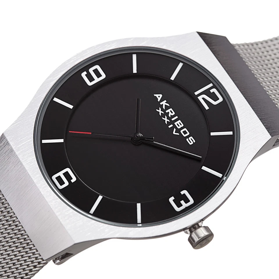 Akribos XXIV Silver tone Case on Silver Bracelet, Black Dial with Black Hands