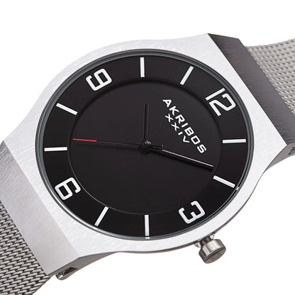 Akribos XXIV Silver tone Case on Silver Bracelet, Black Dial with Black Hands