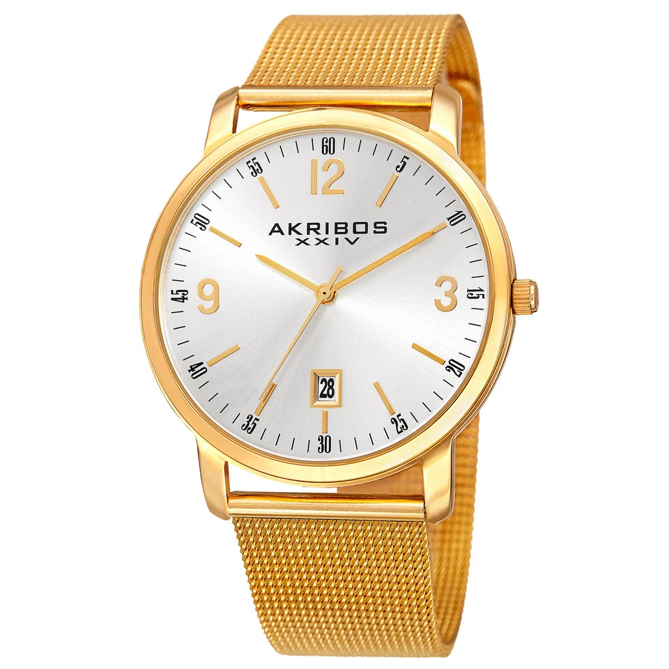 Akribos XXIV Gold Tone Case on Yellow Gold Bracelet, Silver Dial with Gold Tone Hands