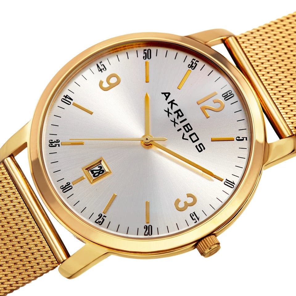 Akribos XXIV Gold Tone Case on Yellow Gold Bracelet, Silver Dial with Gold Tone Hands