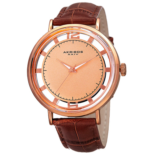 Akribos XXIV Rose Gold Tone Case on Brown Strap, Rose Gold and See Thru Dial with Rose Gold Tone Hands