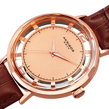 Akribos XXIV Rose Gold Tone Case on Brown Strap, Rose Gold and See Thru Dial with Rose Gold Tone Hands