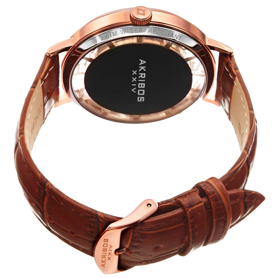 Akribos XXIV Rose Gold Tone Case on Brown Strap, Rose Gold and See Thru Dial with Rose Gold Tone Hands