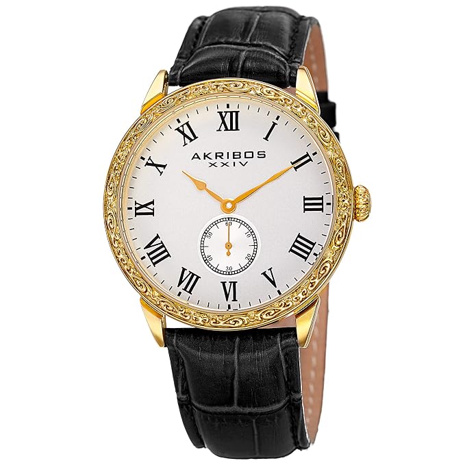 Akribos XXIV Gold Tone Case on Black Strap, Silver Dial with Gold Tone Hands