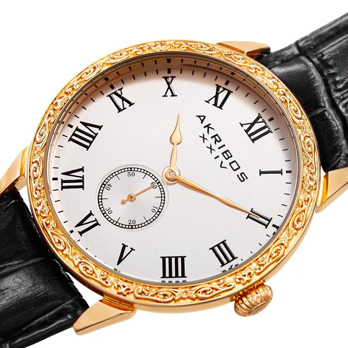 Akribos XXIV Gold Tone Case on Black Strap, Silver Dial with Gold Tone Hands