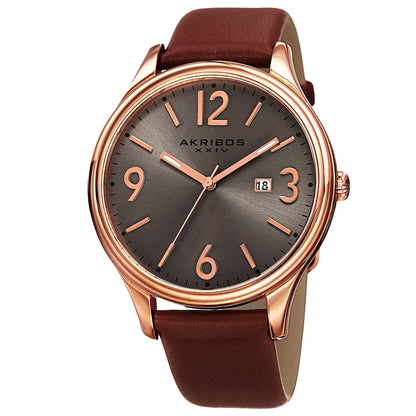 Akribos XXIV Rose Gold Tone Case on Brown Strap, Silver Dial with Rose Gold Tone Hands