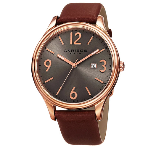 Akribos XXIV Rose Gold Tone Case on Brown Strap, Silver Dial with Rose Gold Tone Hands