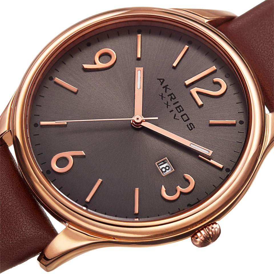 Akribos XXIV Rose Gold Tone Case on Brown Strap, Silver Dial with Rose Gold Tone Hands