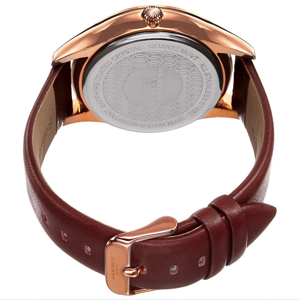 Akribos XXIV Rose Gold Tone Case on Brown Strap, Silver Dial with Rose Gold Tone Hands