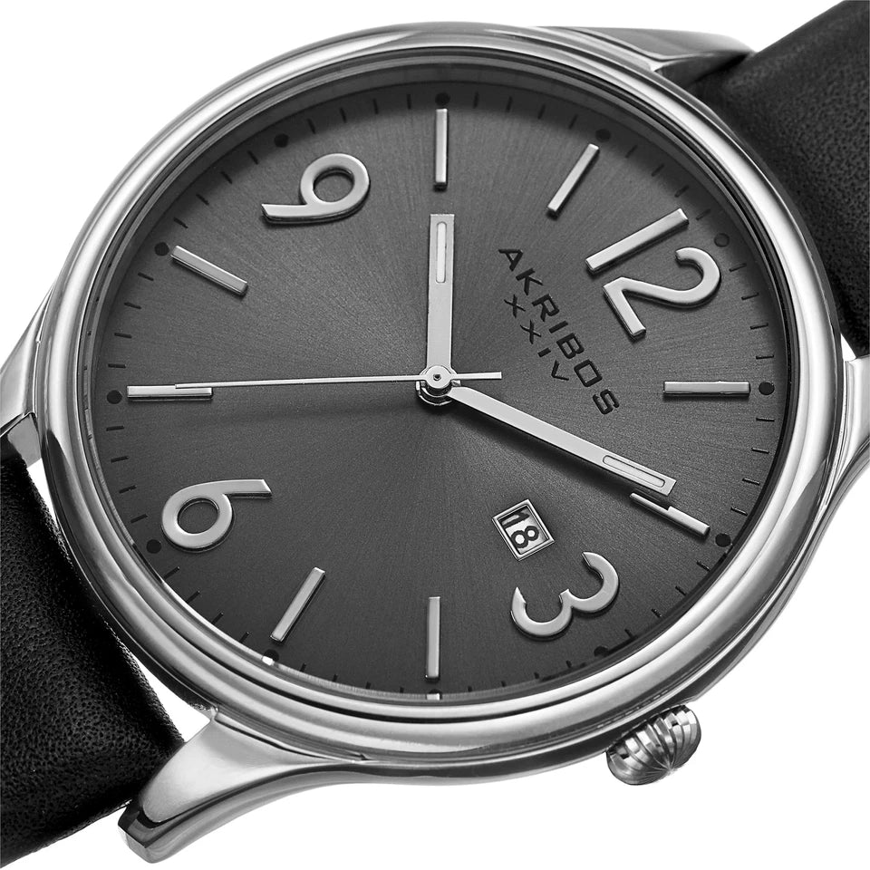 Akribos XXIV Silver tone Case on Black Strap, Silver Dial with Silver Tone Hands