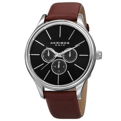 Akribos XXIV Silver tone Case on Cognac Strap, Black Dial with Silver Tone Hands
