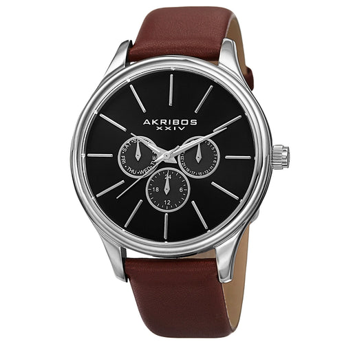 Akribos XXIV Silver tone Case on Cognac Strap, Black Dial with Silver Tone Hands