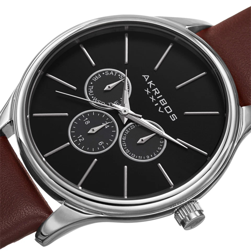 Akribos XXIV Silver tone Case on Cognac Strap, Black Dial with Silver Tone Hands