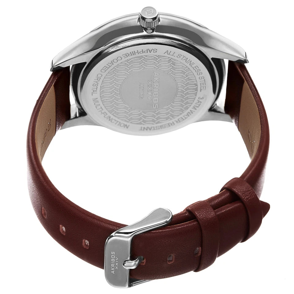 Akribos XXIV Silver tone Case on Cognac Strap, Black Dial with Silver Tone Hands
