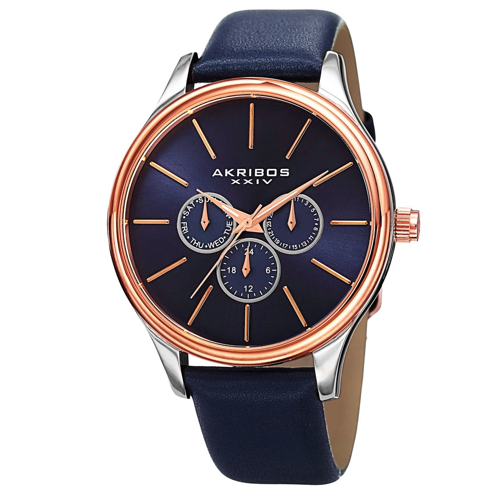 Akribos XXIV Two Tone Case on Blue Strap, Blue Dial with Rose Gold Tone Hands