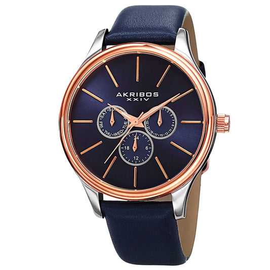 Akribos XXIV Two Tone Case on Blue Strap, Blue Dial with Rose Gold Tone Hands