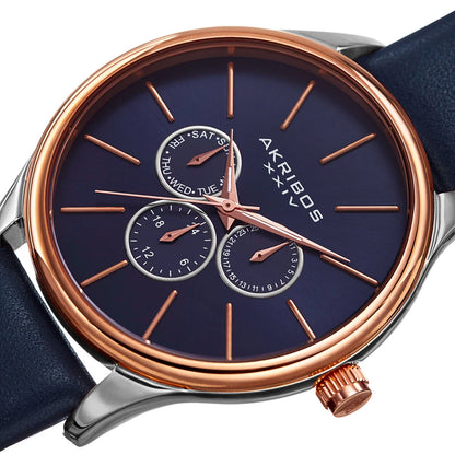 Akribos XXIV Two Tone Case on Blue Strap, Blue Dial with Rose Gold Tone Hands