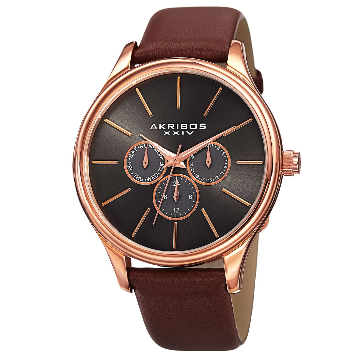 Akribos XXIV Rose Gold Tone Case on Cognac Strap, Silver Dial with Rose Gold Tone Hands