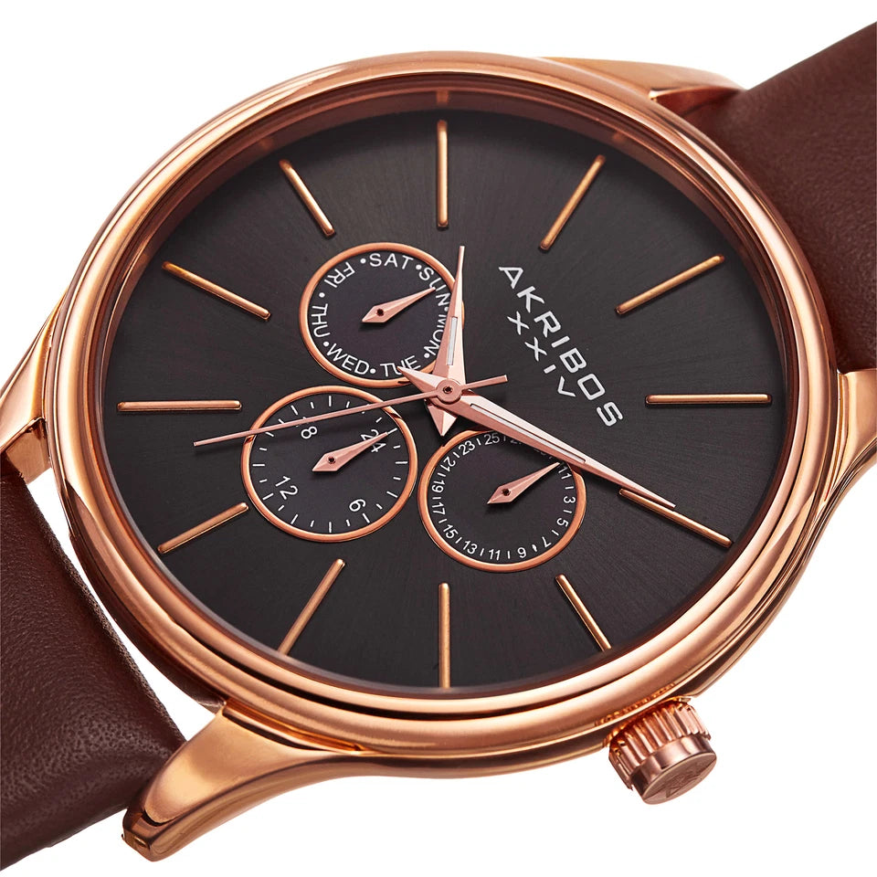 Akribos XXIV Rose Gold Tone Case on Cognac Strap, Silver Dial with Rose Gold Tone Hands