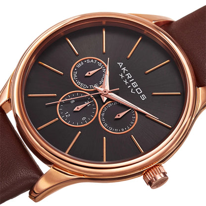 Akribos XXIV Rose Gold Tone Case on Cognac Strap, Silver Dial with Rose Gold Tone Hands