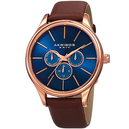 Akribos XXIV Rose Gold Ion Plated Stainless Steel Case on Brown Strap, Blue Dial with Rose Gold Tone Hands