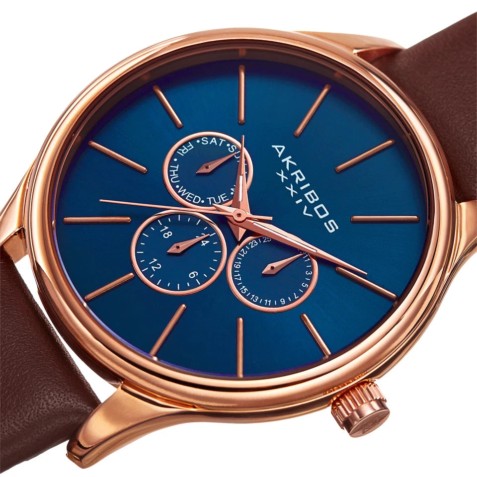 Akribos XXIV Rose Gold Ion Plated Stainless Steel Case on Brown Strap, Blue Dial with Rose Gold Tone Hands