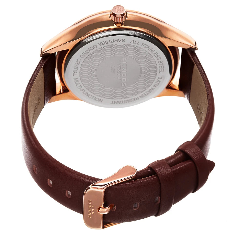 Akribos XXIV Rose Gold Ion Plated Stainless Steel Case on Brown Strap, Blue Dial with Rose Gold Tone Hands