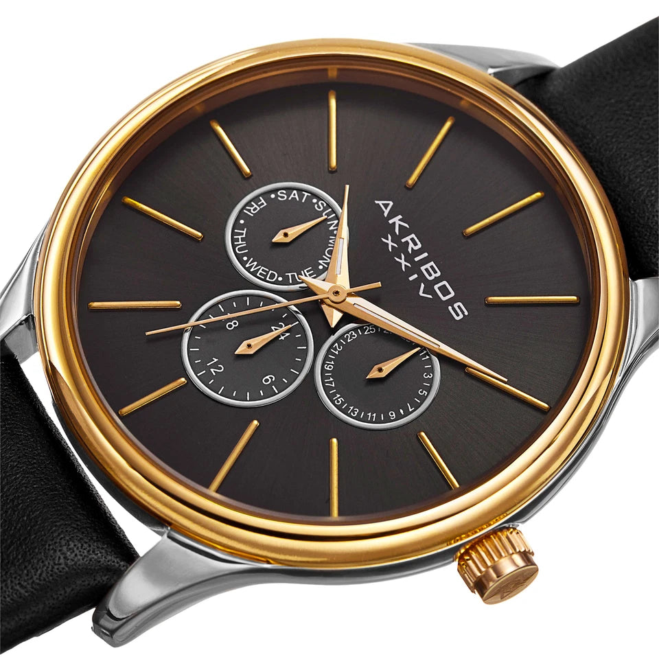 Akribos XXIV Two Tone Case on Black Strap, Silver Dial with Gold Tone Hands