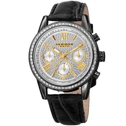 Akribos XXIV Black Case on Black Strap, Silver Dial with Gold Tone Hands