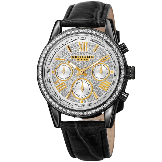 Akribos XXIV Black Case on Black Strap, Silver Dial with Gold Tone Hands