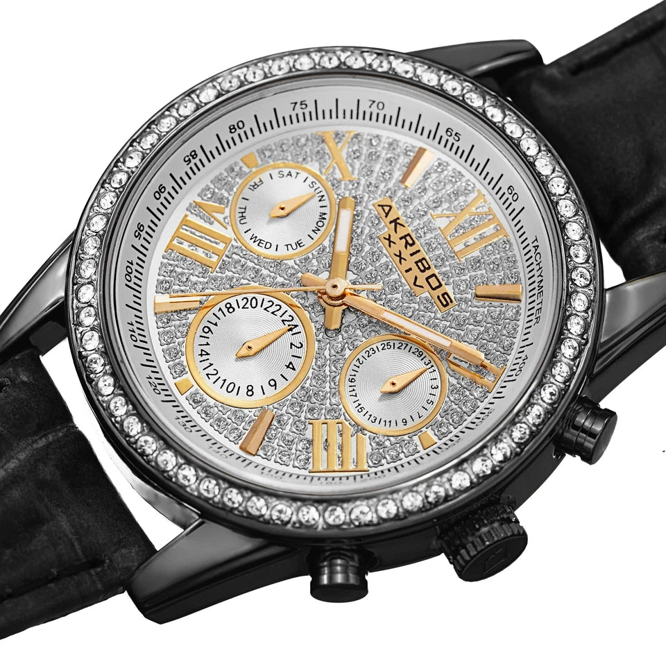 Akribos XXIV Black Case on Black Strap, Silver Dial with Gold Tone Hands