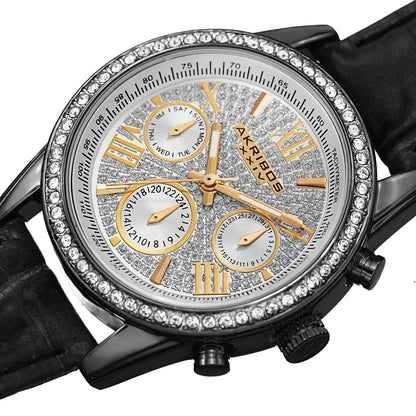 Akribos XXIV Black Case on Black Strap, Silver Dial with Gold Tone Hands