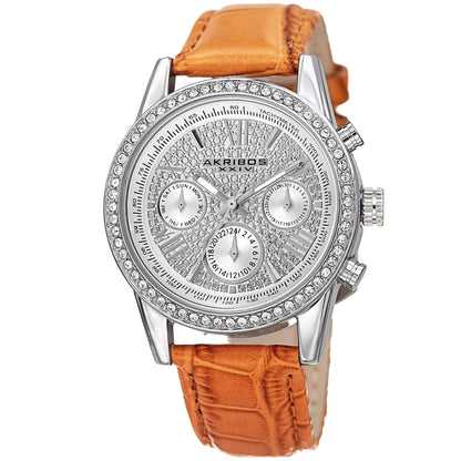 Akribos XXIV Silver Tone Case on Cognac Strap, Silver Dial with Silver Tone Hands