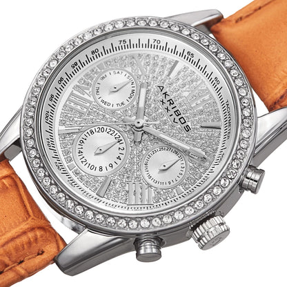 Akribos XXIV Silver Tone Case on Cognac Strap, Silver Dial with Silver Tone Hands