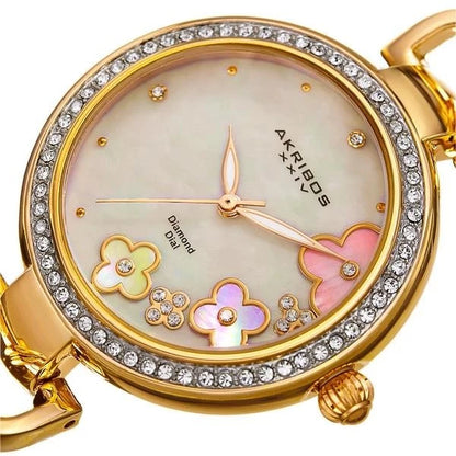 Akribos XXIV Gold Tone Case on Yellow Gold Bracelet, Cream Mother of Pearl Dial with Gold Tone Hands