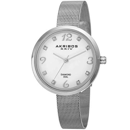 Akribos XXIV Silver Tone Case on Silver Bracelet, White Dial with Silver Tone Hands
