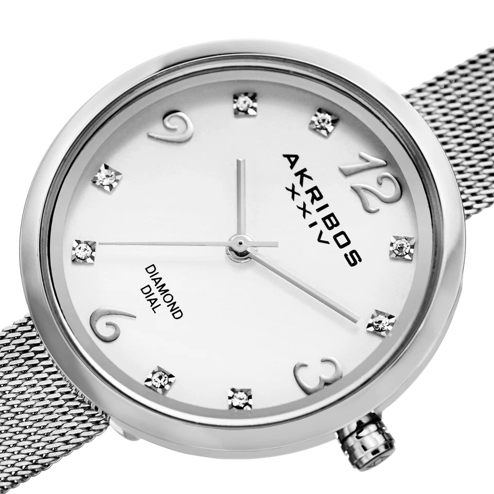 Akribos XXIV Silver Tone Case on Silver Bracelet, White Dial with Silver Tone Hands