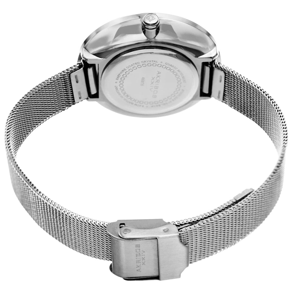 Akribos XXIV Silver Tone Case on Silver Bracelet, White Dial with Silver Tone Hands