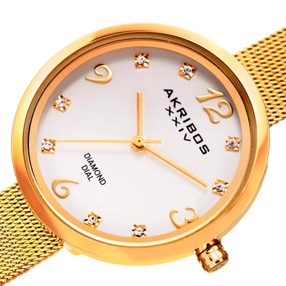Akribos XXIV Gold Tone Case on Yellow Gold Bracelet, White Dial with Gold Tone Hands