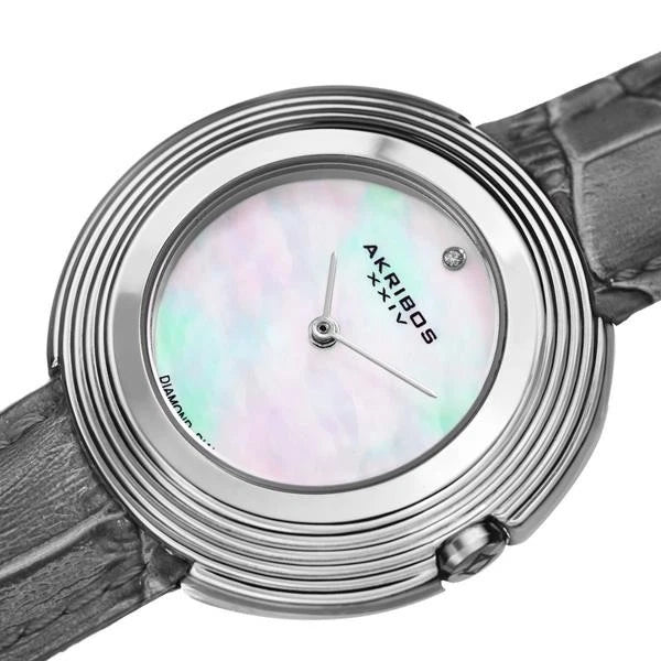 Akribos XXIV Silver Tone Case on Gray Strap, White Mother of Pearl Dial with Silver Tone Hands