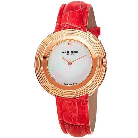 Akribos XXIV Rose Gold Tone Case on Red Strap, White Mother of Pearl Dial with Rose Gold Tone Hands