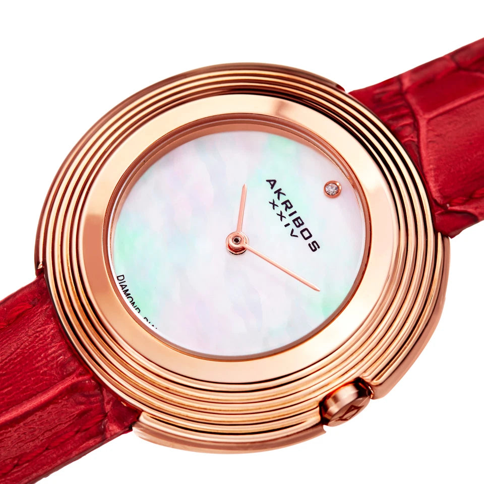 Akribos XXIV Rose Gold Tone Case on Red Strap, White Mother of Pearl Dial with Rose Gold Tone Hands