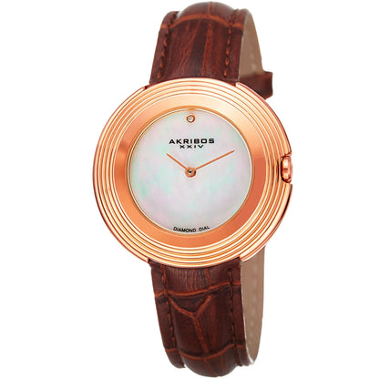 Akribos XXIV Rose Gold Tone Case on Brown Strap, White Mother of Pearl Dial with Rose Gold Tone Hands