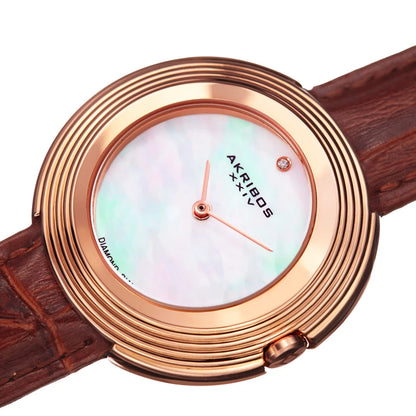 Akribos XXIV Rose Gold Tone Case on Brown Strap, White Mother of Pearl Dial with Rose Gold Tone Hands