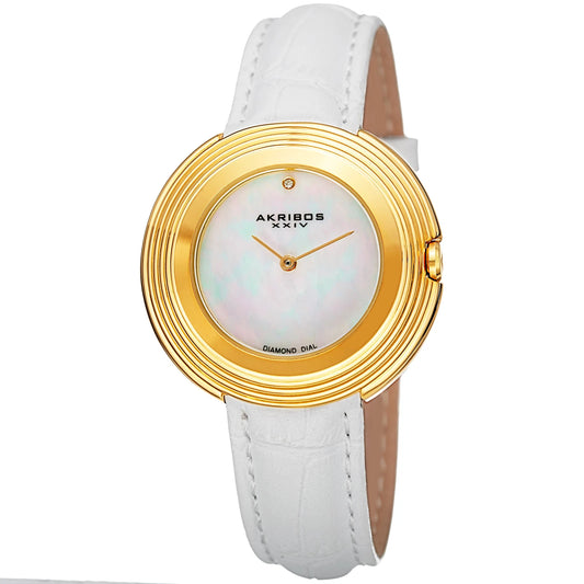 Akribos XXIV Gold Tone Case on White Strap, White Mother of Pearl Dial with Gold Tone Hands